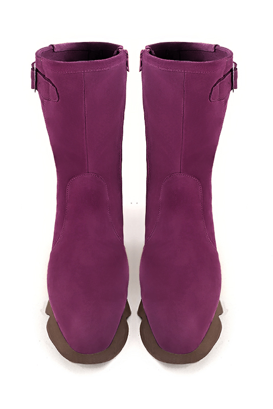 Mulberry purple women's ankle boots with a zip on the inside. Round toe. Low rubber soles. Top view - Florence KOOIJMAN